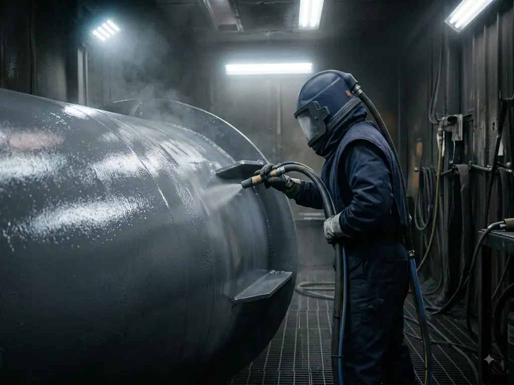 Applicator spraying protective coating onto a fabricated vessel