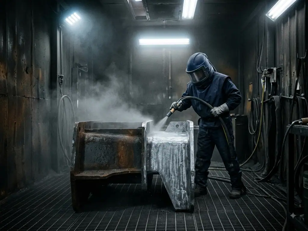 Operator abrasive-blasting a steel bracket inside a blast booth