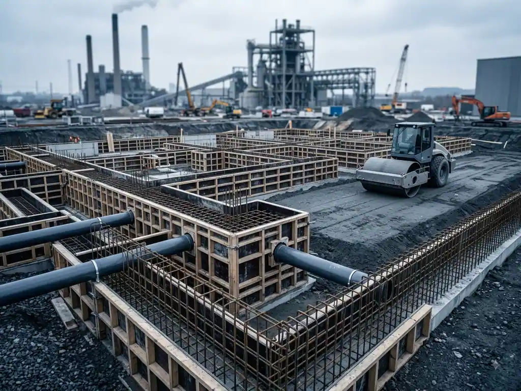 Reinforced concrete foundations with formwork and rebar cages at an industrial site