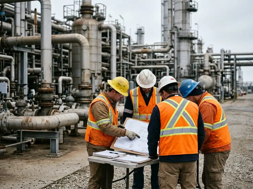 Site team reviewing drawings at a refinery during a maintenance shutdown
