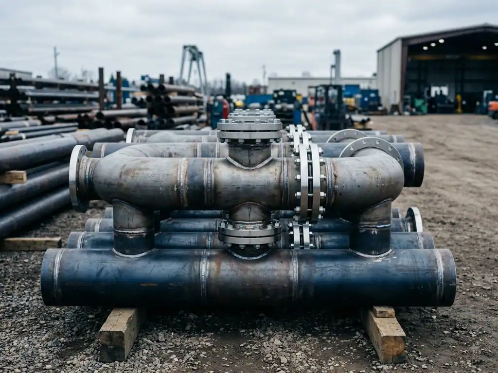 Fabricated pipe spools with flanged connections stacked at a fabrication yard