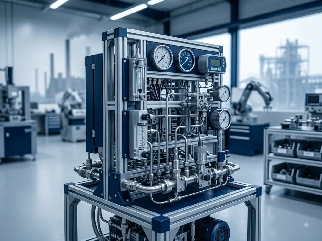Purpose-built instrumented test rig with gauges and precision tubing
