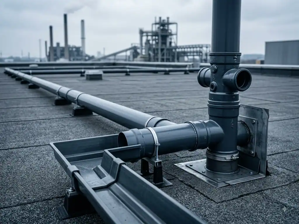Industrial roof drainage runs and a downpipe connection