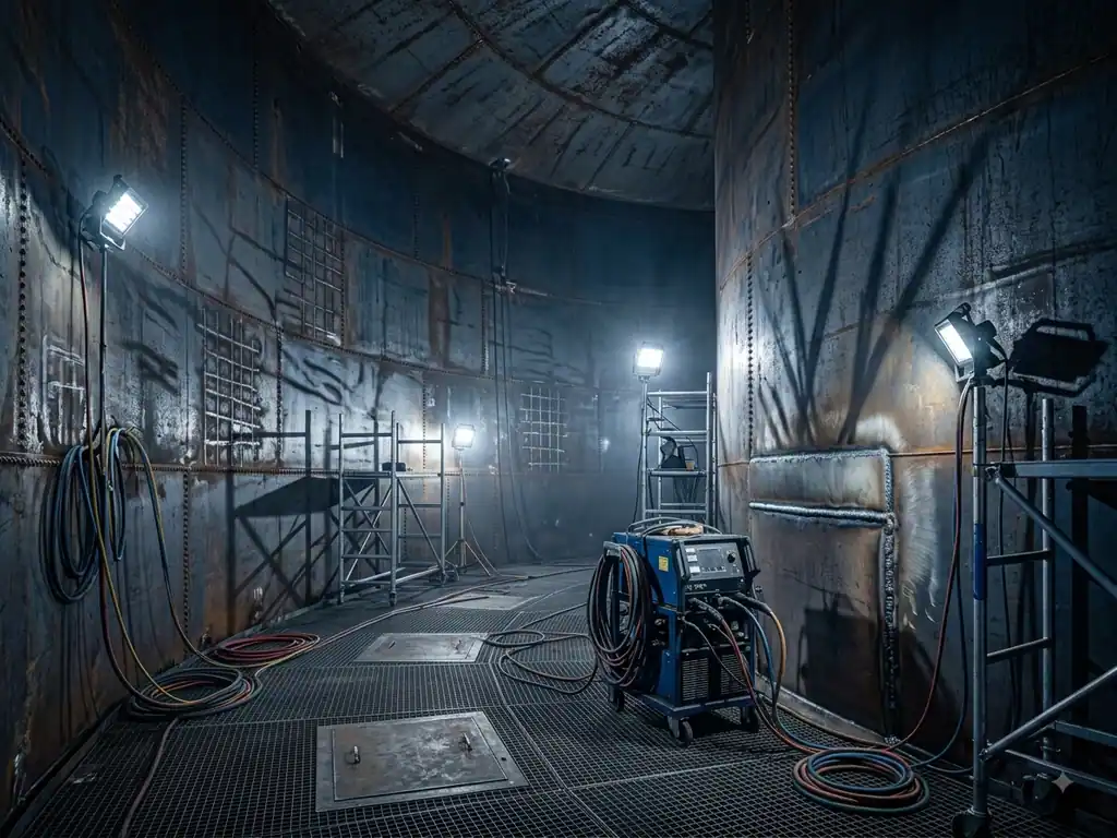 Tank interior under repair with task lighting, scaffold and a welding set